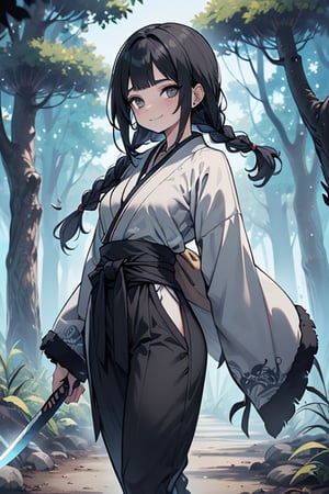 kind woman, black hair, medium hair, hair in braid down to her back, a single braid, dirty clothes, warrior, beast tamer, the killer of gods, black eyes, old clothes, alone, forest, kind smile, innocent, breasts small, tall woman, amazon, samurai, gray kimono jacket ideal for combat, wide pants, happy, friendly, good person, katanas sheathed at her waist, masterpiece, good quality, swords well positioned at her waist, good hands, aquamarine belt.



,hinata(boruto)