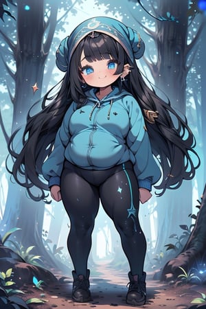 black hair, blue eyes, full body lycra clothing, friendly face, headscarf, little girl, happy smile, in the forest at night, masterpiece, star earrings, detailed, high quality, absurd, strongest human being of all, bearer of the hope of the world, long hair, perfect face, 8 year old girl, best quality, fat, obese.
