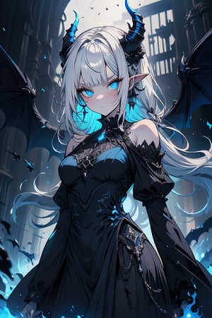 white hair, deep blue eyes, aura of dark power, the most powerful being in the world, queen of darkness, lost look, pointed ears, black dress with blue edges, killer of gods, the one who killed Lucifer, incarnation of the gods dragons, masterpiece, very good quality, excellent quality, perfect face, small breasts, serious face, dazed, calm, kuudere, eyes with blue flames, looking down, as if on top of the world, horns, fake goddess, bare shoulders, long skirt, gothic, Mullet Bangs, staring, sad expression, blue roses in her hair and her dress,emanates the power of chaos within her,black sclera.
