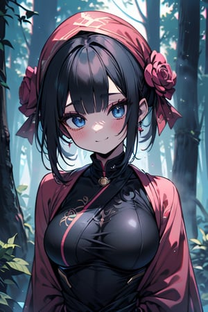 dark blue hair, blue eyes, pink kimono outfit with black edges, friendly face, a black spandex that covers his entire body, headscarf, killer, happy smile, bangs, in the forest at night, masterpiece, detailed, high quality, absurd, the strongest human of all, bringer of the world's hope, short hair, black lycra, masterpiece, excellent quality, excellent quality, perfect face, medium breasts

