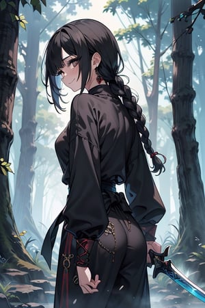 kind woman, black hair, medium hair, hair in a long braid down the back, dirty clothes, warrior, dual sword wielder, beast tamer, god slayer, black eyes, old clothes, sweatshirt, alone, forest, smile kind, innocent, small breasts, tall woman, amazon, samurai.

