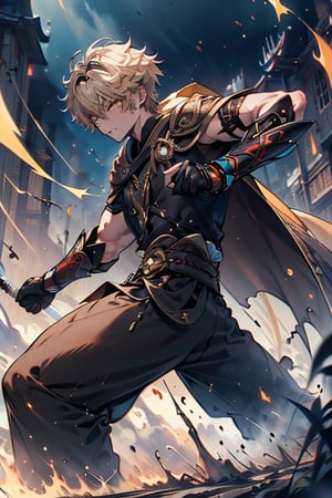 Blonde, short hair, golden eyes, asshole, man, strong, friendly, antisocial, long black kimono, muscular, dumb, warrior, perfect cape, good quality, excellent quality, masterpiece, wide martial arts pants.,yellow eyes,male focus,1boy