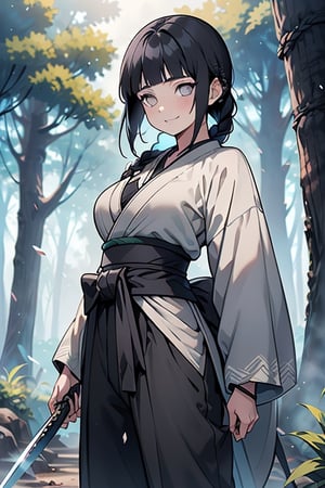 kind woman, black hair, medium hair, hair in braid down to her back, a single braid, dirty clothes, warrior, beast tamer, the killer of gods, black eyes, old clothes, alone, forest, kind smile, innocent, breasts small, tall woman, amazon, samurai, gray kimono jacket ideal for combat, wide pants, happy, friendly, good person, katanas sheathed at her waist, masterpiece, good quality, swords well positioned at her waist, good hands, aquamarine belt.



,hinata(boruto),hinata (shippuden)