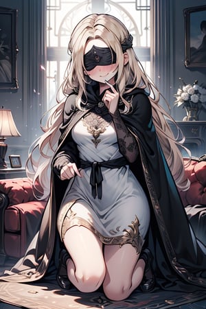 masterpiece, detailed, high quality, absurd, blindfirekeeper, 1girl, alone, blush, medium breasts, curvy, transparent white dress, black cape, black robe like a clairvoyant, guardian of the future, friendly smile, blonde, long hair, living room astrology, kneeling, black blindfold covers her eyes.


,blindfirekeeper