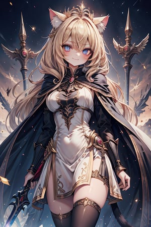 blonde, golden eyes, scholar, golden sorceress robe, queen's crown, long black stockings, smile, cat ears, 1 cat tail, nekomata, arrogant, narcissite, the most intelligent woman in the world, bearer of the eyes of knowledge , the genius of combat, laughter, masterpiece, good quality, excellent quality, AIR_BETWEEN_EYES, golden eyes, the fairy of pride, long hair, perfect face, bright pupils, (beautiful finely detailed eyes), metal dress, indomitable warrior, king's white cape, infinite swords.
