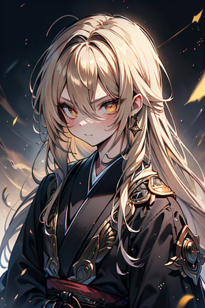 Blonde, long hair, golden eyes, asshole, man, strong, friendly, antisocial, long black kimono, silly, warrior, perfect face, good quality, excellent quality, masterpiece,
