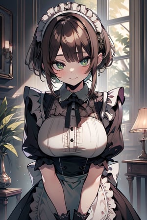 adult woman, big breasts, maid outfit, rich person outfit, friendly look, green eyes, brown hair, tall, mature,More Detail,Masterpiece, detailed, high quality, absurdres, short-hair, happy_face.