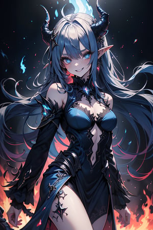 blue hair, deep blue eyes, aura of dark power, the primordial of the underworld, goddess of flames, sadistic, pointed ears, blue dress with white edges, right hand of lucifer, primordial goddess, masterpiece, very good quality, excellent quality , perfect face, small breasts, evil smile, egocentric, eyes with blue flames, horns, long sleeve, miniskirt, gothic, very long hair, emanates the power of destruction, adult, clothes burning with blue fire

