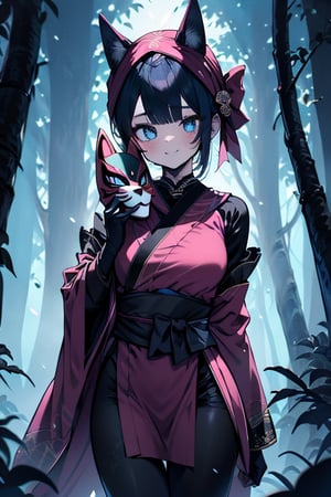 dark blue hair, blue eyes, pink kimono outfit with black edges, friendly face, a black spandex that covers his entire body, headscarf, killer, happy smile, bangs, in the forest at night, masterpiece, detailed, high quality, absurd, the strongest human of all, bringer of the world's hope, short hair, black lycra, black pantyhouse, masterpiece, excellent quality, excellent quality, perfect face, medium breasts,mask on hand, (fox mask, mask on the hand, put on mask),ribbon with bow at the waist, long kimono.

