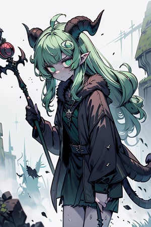 a woman with a strange look, goat horns, horned tail, goat feet, satire, long hair, green hair, small, small ones, druid, dark tunic, good quality, masterpiece, sorceress staff in her right hand.



,pandemonica(helltaker)
