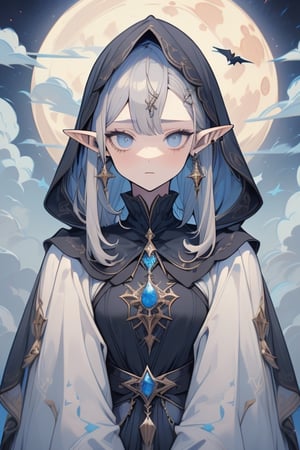 gray hair with blue tones, black witch clothes, moon earrings, gray eyes, dark circles, sleepy, dream witch, pointy ears, elf,  medium hair., veil.