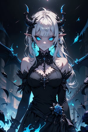 white hair, deep blue eyes, aura of dark power, the most powerful being in the world, queen of darkness, lost look, pointed ears, black dress with blue edges, killer of gods, the one who killed Lucifer, incarnation of the gods dragons, masterpiece, very good quality, excellent quality, perfect face, small breasts, serious face, dazed, calm, kuudere, eyes with blue flames, looking down, as if on top of the world, horns, fake goddess, bare shoulders, long skirt, gothic, Mullet Bangs, staring, sad expression, blue roses in her hair and her dress,emanates the power of chaos within her,black sclera.
