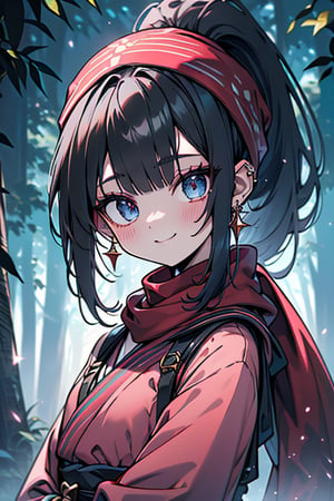 dark blue hair, blue eyes, pink kimono outfit with black edges, a red scarf with gold stripes, the edges have small golden touches, friendly face, a black spandex that covers her entire body, headscarf, killer, happy smile, bangs, in the forest at night, masterpiece, star earrings, detailed, high quality, absurd, the strongest human of all, bringer of the world's hope, hair in ponytail, black lycra, masterpiece, excellent quality, excellent quality, perfect face.

