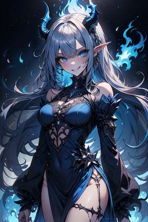 blue hair, deep blue eyes, aura of dark power, the primordial of the underworld, goddess of flames, sadistic, pointed ears, blue dress with white edges, right hand of lucifer, primordial goddess, masterpiece, very good quality, excellent quality , perfect face, small breasts, evil smile, egocentric, eyes with blue flames, horns, long sleeve, miniskirt, gothic, very long hair, emanates the power of destruction, adult, clothes burning with blue fire

