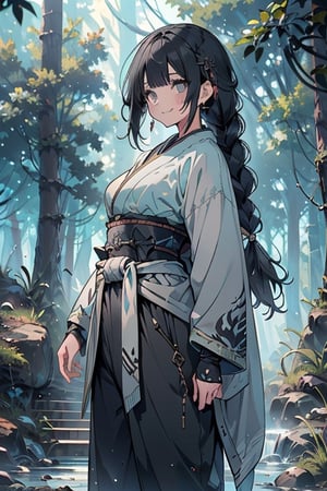 kind woman, black hair, medium hair, hair in braid down to her back, a single braid, dirty clothes, warrior, beast tamer, the killer of gods, black eyes, old clothes, alone, forest, kind smile, innocent, breasts small, tall woman, amazon, samurai, gray kimono jacket ideal for combat, wide pants, happy, friendly, good person,  masterpiece, good quality, swords well positioned at her waist, good hands, aquamarine belt.


