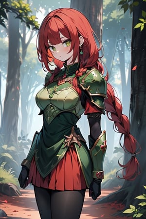 noble woman, princess, red hair, long braid, green armor covering her body, forest, medium chest, warrior, druid, green eyes, red dress, medium combat skirt, good quality, masterpiece, hight,black pantyhose.
