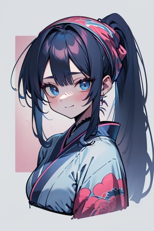 dark blue hair, blue eyes, simple pink kimono, friendly face, headscarf, happy smile, poor man without bangs, masterpiece, detailed, high quality, absurd, the strongest human of all, bringer of the world's hope , long hair with a ponytail, masterpiece, excellent quality, excellent quality, perfect face, medium breasts, poor, peasant.

,monadef