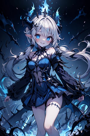 white hair, deep blue eyes, aura of dark power, the primordial of the underworld, goddess of flames, sadistic, pointed ears, blue dress with white edges, right hand of lucifer, primordial goddess, masterpiece, very good quality, excellent quality , perfect face, small breasts, evil smile, egocentric, eyes with blue flames, horns, long sleeve, miniskirt, gothic, two pigtails, emanates the power of destruction, loli, small body, clothes burning with blue fire

