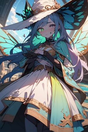 four arms, star fairy, wise look, blue dress, gray skin, time witch, wise, long hair,masterpiece, detailed, high quality, absurdres,purple eyes, green hair, four arms, 4 arms,  1 girl, seer,  no facial expressions, heterochromia, fairy wings with butterfly patterns resembling eyes, omnipresent, omniscient,blue hat with brown decoration of butterflies and stars,cracks in her face, puppet body, not human body, doll body, fake face, More Detail, green hair, lake fairy.