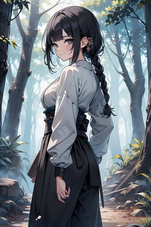 kind woman, black hair, medium hair, hair in braid down to her back, a single braid, dirty clothes, warrior, beast tamer, the killer of gods, black eyes, old clothes, alone, forest, kind smile, innocent, breasts small, tall woman, amazon, samurai, gray kimono jacket ideal for combat, wide pants, happy, friendly, good person,  masterpiece, good quality, swords well positioned at her waist, good hands, aquamarine belt.


