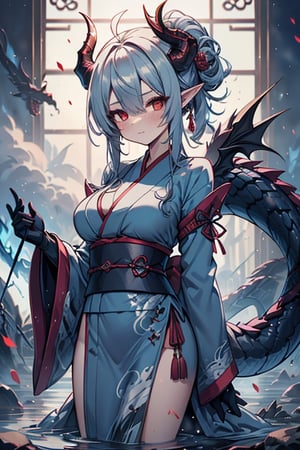 dragon woman, wingless, medium hair, shy face, blue kimono, blue hair, dragon horns, dragon tail, red eyes, dragon horns, medium breasts, beautiful, the sword maiden, tail attached to the body, her power comes from of primordial water, masterpiece, very good quality, excellent quality, perfect face, samurai, mother of the family, master of combat, wise, bangs that cover her eyes,hair up,Japanese house,pointy ears.

