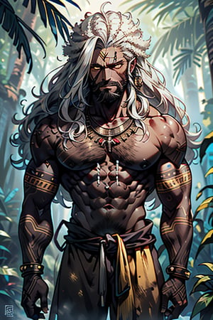 giant, muscular, ugly face, curly hair, black skin, Latin American, tribal clothing, mayan clothing, bone necklace, dark skin, tan, man, male, thick, golden eyes, yellow eyes, homeless, unfortunate, long dirty beard , skinny, malnourished, haggard face, crazy, silver hair, curly hair, jungle, tribal



