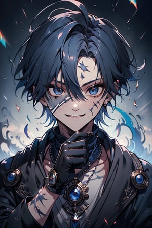 Man, dark blue hair, blue magician tunica, wide pants, friendly face, comedian, black gloves, happy smile, masterpiece, detailed, high quality, absurd, killer, prediction magician, very short hair, masterpiece, excellent quality , excellent quality, perfect face,beefy warrior scar on face




