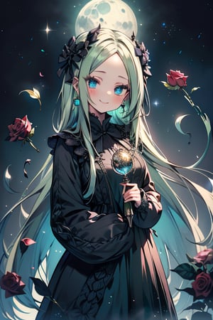 light green hair, blue eyes, long tunic with gothic skirt, black tiana, friendly face, egocentric, food lover, money lover, magic style long sleeved dress, happy smile, masterpiece, moon earrings, detailed, tall quality, absurd, the teleportation magician, long hair with roses, masterpiece, excellent quality, excellent quality, perfect face, Green hair


