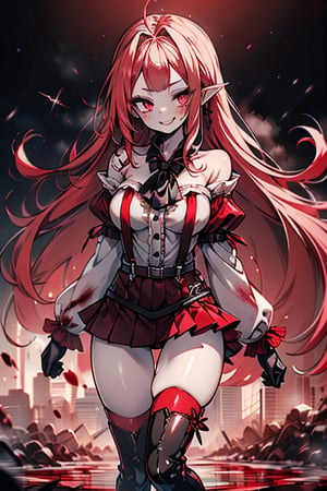 an arrogant woman, blonde, cold-blooded murderer, the final enemy of this world, medium breasts, pointed ears, vampire, eyes red like blood, smiling mischievously, red bowtie scarf, red suit with skirt with black borders, black crosses on his forehead, very pale skin, high_resolution, best quality, extremely detailed, HD, 8K, 1 girl, solo, sexy_figure, hot, 170 cm, tall_girl, LONG HAIR, DIAMOND THROAT, BLACK ASCOT, SEPARATED NECK, CENTER Ruffles, RED DRESS, RED SEPARATED SLEEVES, RED BELT, SKIRT WHITE, RED THIGH BOOTS, RED SUSPENDERS, happy face, adult, pretty eyes, collarbone, thigh gap.