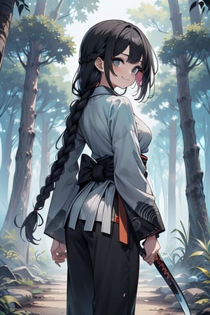 kind woman, black hair, medium hair, hair in braid down to her back, a single braid, dirty clothes, warrior, beast tamer, the killer of gods, black eyes, old clothes, alone, forest, kind smile, innocent, breasts small, tall woman, amazon, samurai, gray kimono jacket ideal for combat, wide pants, happy, friendly, good person, katanas sheathed at her waist, masterpiece, good quality, swords well positioned at her waist, good hands, aquamarine belt.



