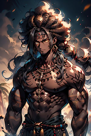 giant, muscular, ugly face, curly hair, black skin, Indian, tribal clothing, Mayan clothing, bone necklace.,dark skin,tan, man, masculine,  thick, golden eyes, yellow eyes


