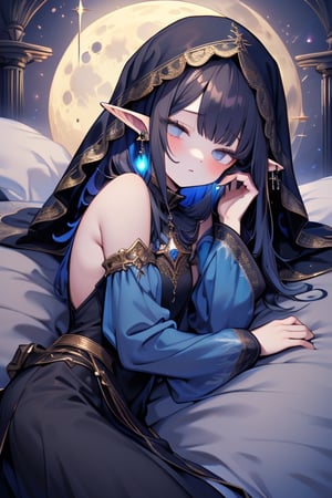 dark hair with blue tones, black witch clothes, moon earrings, gray eyes, dark circles, sleepy, dream witch, pointy ears, elf,  medium hair., veil, lying in bed,sleeping.