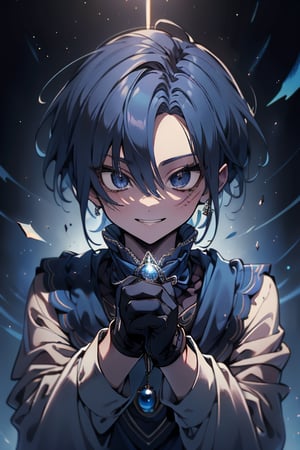 Man, dark blue hair, blue magician tunica, wide pants, friendly face, egocentric, black gloves, happy smile, masterpiece, detailed, high quality, absurd, killer, prediction magician, very short hair, masterpiece, excellent quality , excellent quality, perfect face.



