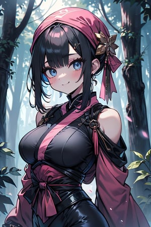 dark blue hair, blue eyes, pink kimono outfit with black edges, friendly face, a black spandex that covers his entire body, headscarf, killer, happy smile, bangs, in the forest at night, masterpiece, detailed, high quality, absurd, the strongest human of all, bringer of the world's hope, short hair, black lycra, masterpiece, excellent quality, excellent quality, perfect face, medium breasts

