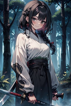 kind woman, black hair, medium hair, hair in a long braid down the back, dirty clothes, warrior, dual sword wielder, beast tamer, god slayer, black eyes, old clothes, sweatshirt, alone, forest, smile kind, innocent, small breasts, tall woman, amazon, samurai, kimono only on top.

