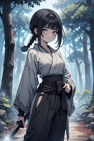 kind woman, black hair, medium hair, hair in braid down to her back, a single braid, dirty clothes, warrior, beast tamer, the killer of gods, black eyes, old clothes, alone, forest, kind smile, innocent, breasts small, tall woman, amazon, samurai, gray kimono jacket ideal for combat, wide pants, happy, friendly, good person, katanas sheathed at her waist, masterpiece, good quality, swords well positioned at her waist, good hands, aquamarine belt.



,hinata(boruto)