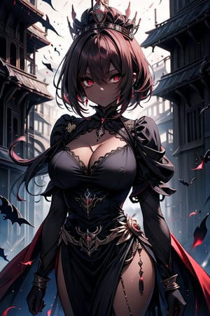 The queen of the abyss, queen costume, dark red hair, short hair, long dress close to the body, black eyes, the fastest woman in the world, tall, powerful, crown, the supreme empress, masterpiece, good quality, excellent quality , good resolution. Penetrating, expressive eyes and an athletic, powerful figure that reflects her skill in combat, pure darkness, alone, she is the darkness, the night, no light is seen, dark room, skin gray as ash, dark skin.
