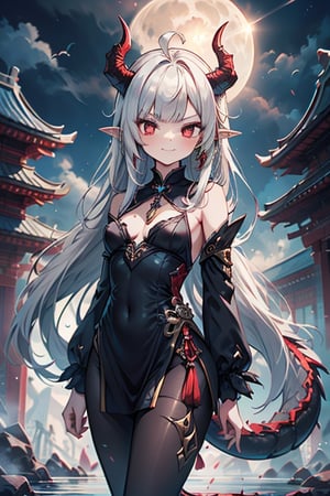 light red eyes, pointed horns, small breasts, beautiful, the woman who reflects the sun, the emperor's right hand, tail close to the body, the master of manipulation, Chinese temple, pointed ears, serious face, calm smile, red tail with light blue parts, dragon horns, gold jewelry, silver ring, diamond chain, white locks, white bangs, red hair and white locks, two-color hair, black qipa with gold trim, elegant,black pantyhose.
