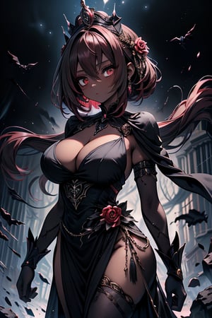 The queen of the abyss, queen costume, dark red hair, short hair, long dress close to the body, black eyes, the fastest woman in the world, tall, powerful, crown, the supreme empress, masterpiece, good quality, excellent quality , good resolution. Penetrating, expressive eyes and an athletic, powerful figure that reflects her skill in combat, pure darkness, alone, she is the darkness, the night, no light is seen, dark room, skin gray as ash, dark skin.
