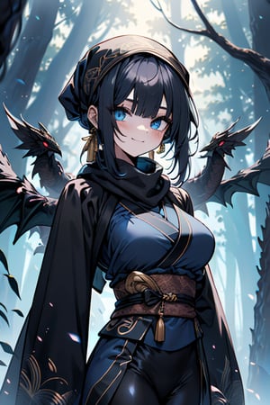 dark blue hair, blue eyes, gold kimono suit with black edges, friendly face, a black spandex that covers his entire body, headscarf, killer, happy smile, bangs, in the forest at night, masterpiece, detailed, high quality, absurd, the strongest human of all, bringer of the world's hope, short hair, black lycra, masterpiece, excellent quality, excellent quality, perfect face, medium breasts, black scarf, judge, lawyer, judge's robe , toga, dragon scales in her eyes.

