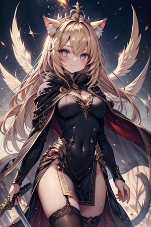 blonde, golden eyes, scholar, golden sorceress robe, queen's crown, long black stockings, smile, cat ears, 1 cat tail, nekomata, arrogant, narcissite, the most intelligent woman in the world, bearer of the eyes of knowledge , the genius of combat, laughter, masterpiece, good quality, excellent quality, AIR_BETWEEN_EYES, golden eyes, the fairy of pride, long hair, perfect face, bright pupils, (beautiful finely detailed eyes), metal dress, indomitable warrior, king's white cape, infinite swords.
