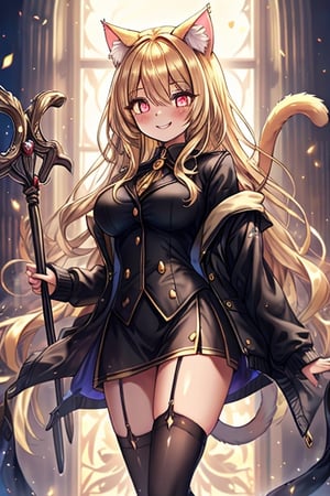 blonde, golden eyes, scholar, black jacket, elegant white, long golden stockings, confident smile, cat ears, 1 cat tail, nekomata, arrogant, narcissite, the most intelligent woman in the world, bearer of the eyes of knowledge, the combat genius, laughter, masterpiece, good quality, excellent quality, AIR_BETWEEN_EYES, STAFF, golden eyes, the pride fairy, long hair, perfect face, bright pupils (finely detailed). beautiful eyes,
