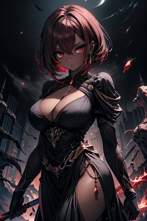 The queen of the abyss, queen costume, dark red hair, short hair, long dress close to the body, black eyes, the fastest woman in the world, tall, powerful, red spear, masterpiece, good quality, excellent quality, good resolution . Penetrating, expressive eyes and an athletic, powerful figure that reflects her skill in combat, pure darkness, alone, she is the darkness, the night, no light is seen, dark room, skin gray as ash, dark skin.
