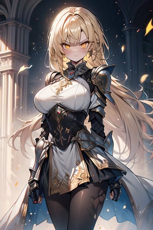 blonde, golden eyes, angry look, long hair, desert knight, hates magic, candys a long elegant white tunic, armor on her hands, legs and arms, gray and white dress, appearance of a warrior, strong woman, scars all over the body, golden eyes, perfect face, very good quality, masterpiece, excellent quality,yellow eyes,blonde hair, black pantyhose
