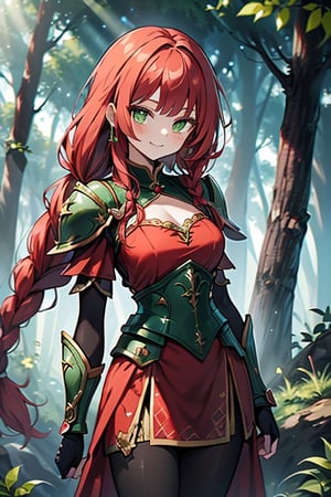 noble woman, princess, red hair, long braid, green armor covering her body, forest, medium chest, warrior, druid, green eyes, red dress, medium combat skirt, good quality, masterpiece, hight,black pantyhose,loved by nature, kind face, noble smile, leader.