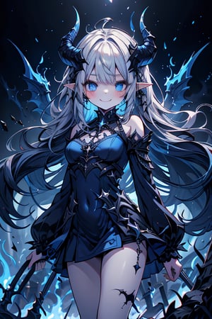 blue hair, deep blue eyes, aura of dark power, the primordial of the underworld, goddess of flames, sadistic, pointed ears, blue dress with white edges, right hand of lucifer, primordial goddess, masterpiece, very good quality, excellent quality , perfect face, small breasts, evil smile, egocentric, eyes with blue flames, horns, long sleeve, miniskirt, gothic, very long hair, emanates the power of destruction, adult, clothes burning with blue fire

