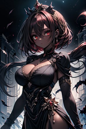 The queen of the abyss, queen costume, dark red hair, short hair, long dress close to the body, black eyes, the fastest woman in the world, tall, powerful, crown, the supreme empress, masterpiece, good quality, excellent quality , good resolution. Penetrating, expressive eyes and an athletic, powerful figure that reflects her skill in combat, pure darkness, alone, she is the darkness, the night, no light is seen, dark room, skin gray as ash, dark skin.
