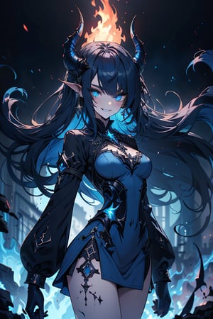 blue hair, deep blue eyes, aura of dark power, the primordial of the underworld, goddess of flames, sadistic, pointed ears, blue dress with white edges, right hand of lucifer, primordial goddess, masterpiece, very good quality, excellent quality , perfect face, small breasts, evil smile, egocentric, eyes with blue flames, horns, long sleeve, miniskirt, gothic, very long hair, emanates the power of destruction, adult, clothes burning with blue fire

