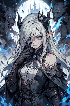 white hair, deep blue eyes, aura of dark power, the most powerful being in the world, queen of darkness, lost look, pointed ears drooping pointing downwards, black dress with blue edges, killer of gods, the one who killed Lucifer, incarnation of the gods dragons, masterpiece, very good quality, excellent quality, perfect face, small breasts, serious face, dazed, calm, kuudere, eyes with blue flames, looking down, as if on top of the world, horns, fake goddess, bare shoulders, gothic, Mullet Bangs, staring, sad expression, blue roses in her hair and her dress,emanates the power of chaos within her,black sclera,black bow tie, domino dresses from the Victorian era.