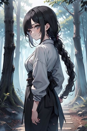 kind woman, black hair, medium hair, hair in braid down to her back, a single braid, dirty clothes, warrior, beast tamer, the killer of gods, black eyes, old clothes, alone, forest, kind smile, innocent, breasts small, tall woman, amazon, samurai, gray kimono jacket ideal for combat, wide pants, happy, friendly, good person, katanas sheathed at her waist, masterpiece, good quality, swords well positioned at her waist, good hands, aquamarine belt, teenager, 15 years old.